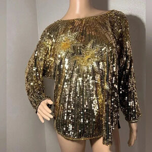 Golden Sequin Blinging Shining Long Sleeved Women’s Top Vintage 80’s Rare EUC